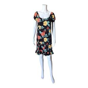 Revamped Womens Size Large Black Floral Smocked Cap Sleeve Ruffle Mini Dress